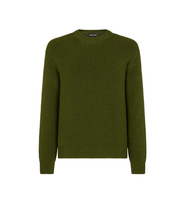 MERINO HALF CARDIGAN STITCH CREW NECK OLIVE online